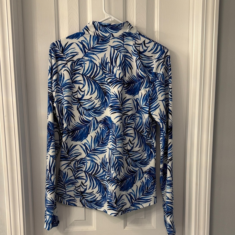 Tommy Bahama Blue and White Palm-Print Golf Shirt - Picture 3 of 6